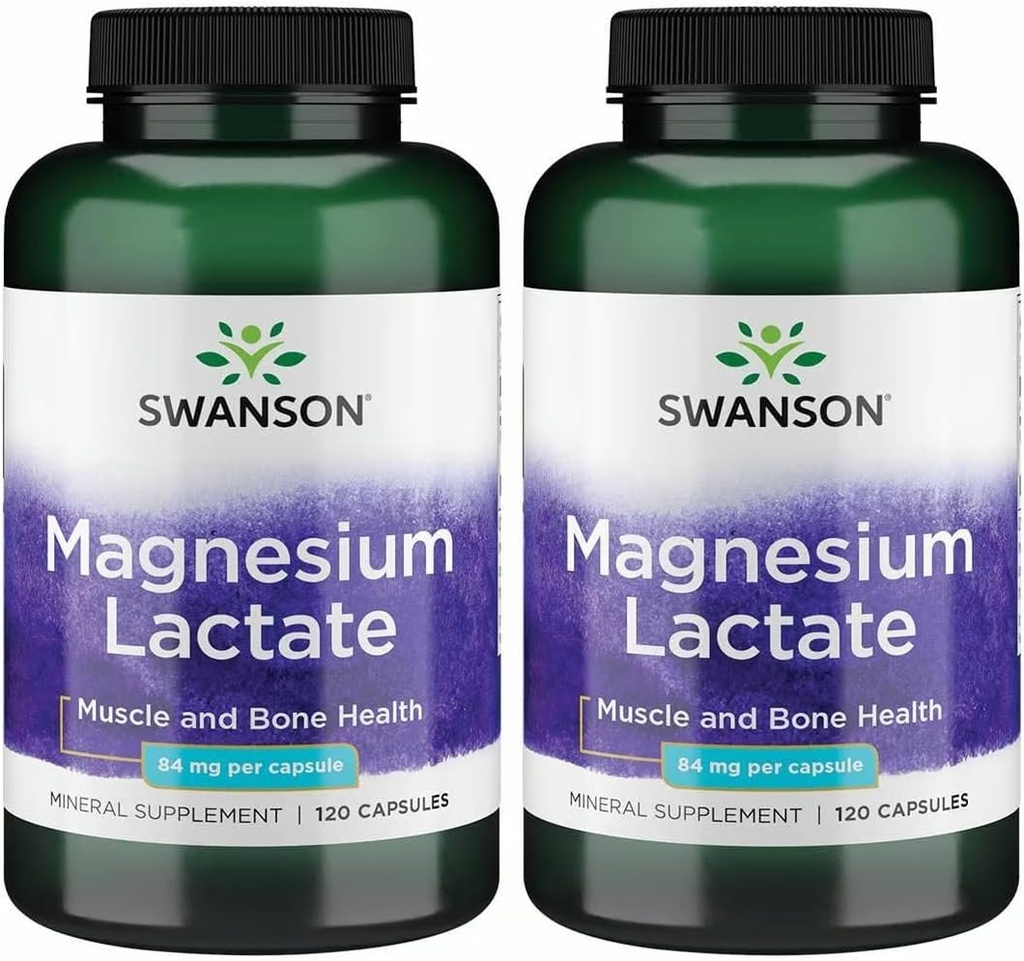 Lactato de magnesio Swanson - Suplemento Mineral Promoción de la Salud Musculo y Hueso - Forma Mineral Lactate Libre de Lactosa para Absorción Gentil - (120 cápsulas, 84 mg cada uno) 2 Pack
