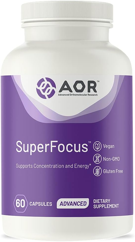 AOR, SuperFocus, apoya la concentración, energía, alerta mental, calma y relax, suplemento dietético, 60 servicios (60 cápsulas)