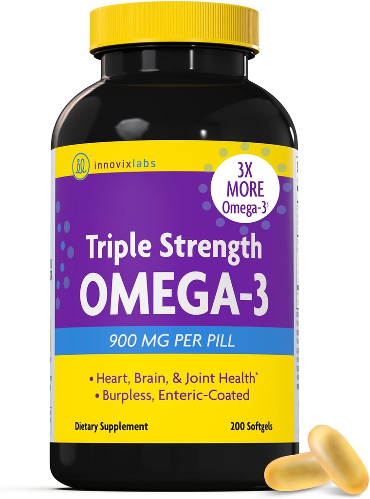 InnovixLabs Triple Strength Omega 3 Suplemento, Burpless Fish Oil for Women and Men - 900 mg EPA & DHA, Brain & Joint Support, Award Winning & Third-Party Tested, 200 Softgels