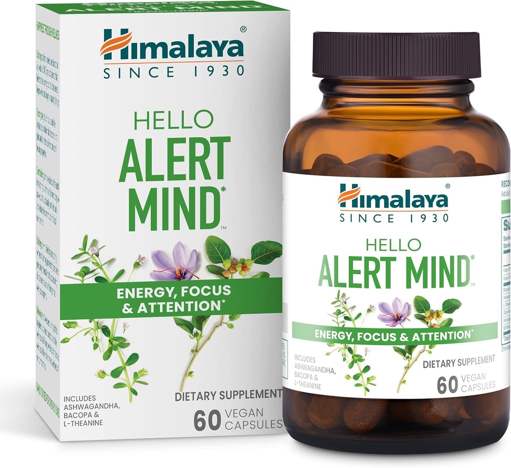 Himalaya Hello Alert Mind with L-Theanine, Ashwagandha, Bacopa, Vitamin B6 &amp; B12, for Energy, Focus &amp; Atención, Vegan, Gluten Free, 60 cápsulas