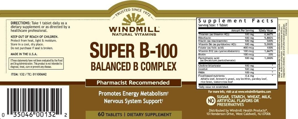 Vitamina B-100 COMPLEX TAB WMILL Tamaño: 60