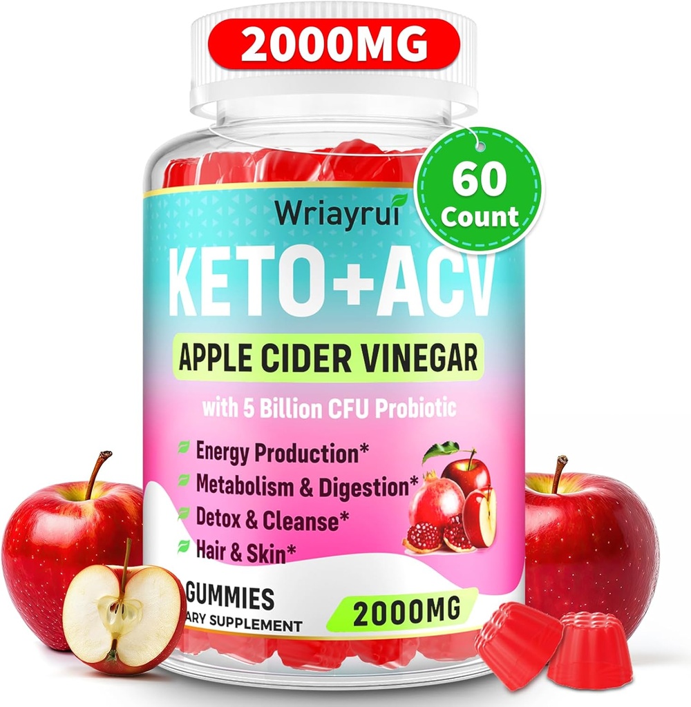 Manzana Vinagre Gummies, Fast Ripped Keto ACV Gummies, Max Strength 2000mg, Formulado con té verde, B6 &amp; B12, Probióticos, ACV para metabolismo, Digestión, Detox & Cleanse, 60 Condes