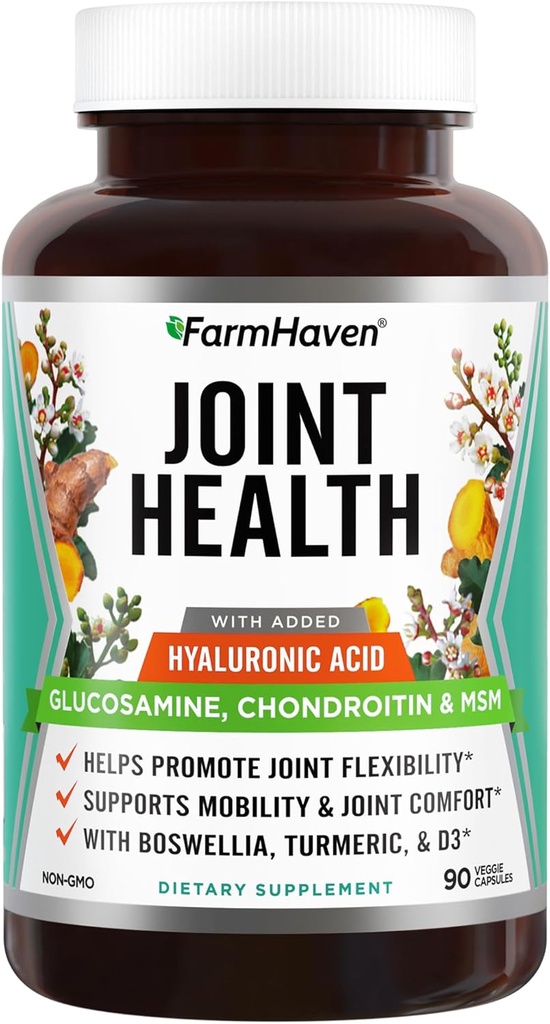 FarmHaven Glucosamine Chondroitin MSM with Boswellia, Turmeric sometida Añadido Hyaluronic Acid &amp; Vitamin D3 ← Promueve la respuesta conjunta " Muscle Health " Inflammation Respuesta infligida No Gluten " Gluten Free TEN 90 cápsulas