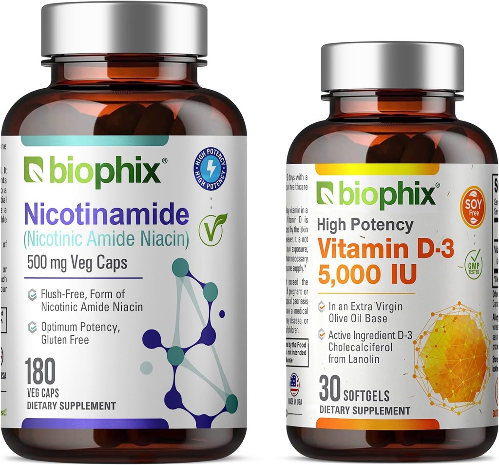 biophix B-3 Nicotinamide 500 mg 180 Vcaps Plus Vitamina Gratuita D-3 5000 UI 30 Softgels - Niacina Niacina Vitamina Natural sin Flush Fórmula - Apoyo a la salud celular de la piel