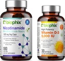 biophix B-3 Nicotinamide 500 mg 180 Vcaps Plus Vitamina Gratuita D-3 5000 UI 30 Softgels - Niacina Niacina Vitamina Natural sin Flush Fórmula - Apoyo a la salud celular de la piel