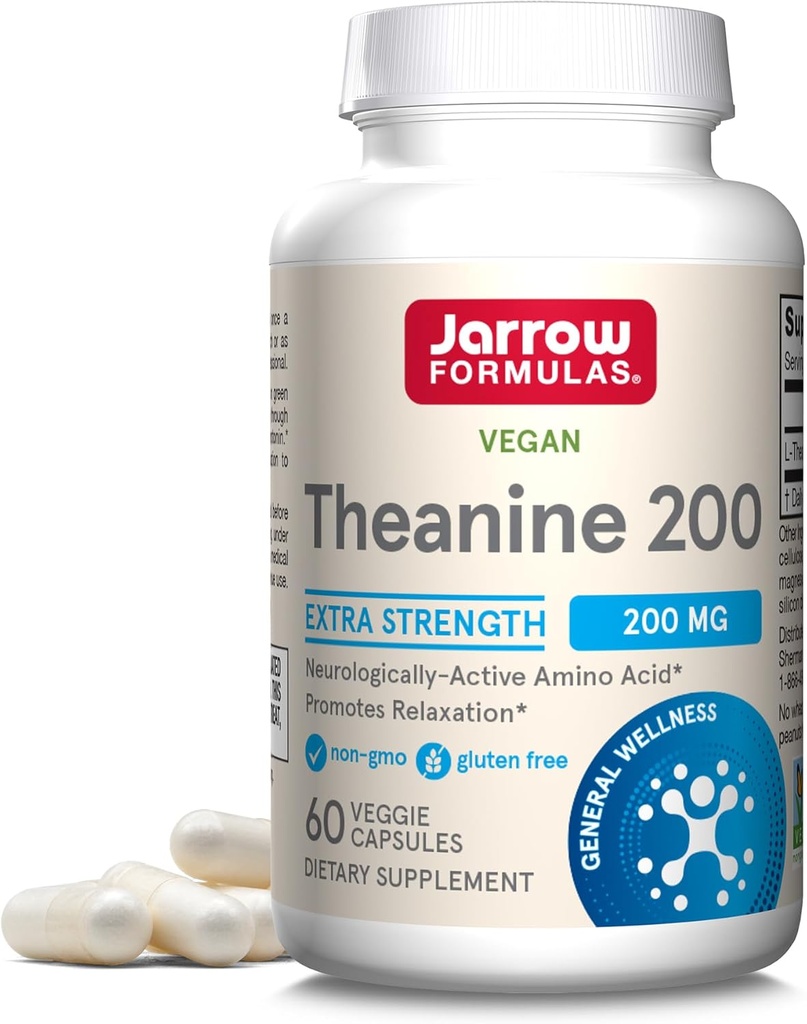 Jarrow Formulas Extra Strength Theanine 200 mg, Suplemento dietético que promueve la relajación, suplemento de aminoácidos para el apoyo a la relajación, 60 cápsulas de verduras, 60 días de suministro