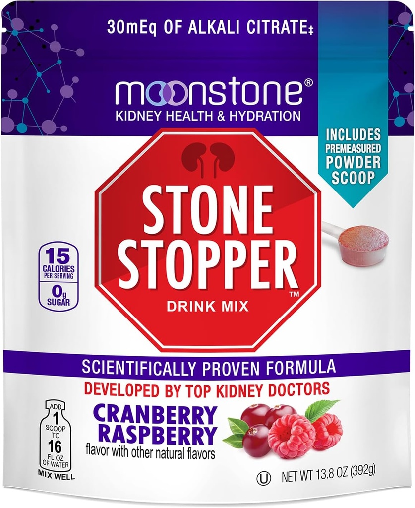 Moonstone Stone Stopper Drink Mix, Cranberry Raspberry, Kidney Stone Prevention, Calcium Oxalate Protector, Desarrollado por los urólogos para mejorar la higiene y apoyar la salud del riñón, 30 Day Supply