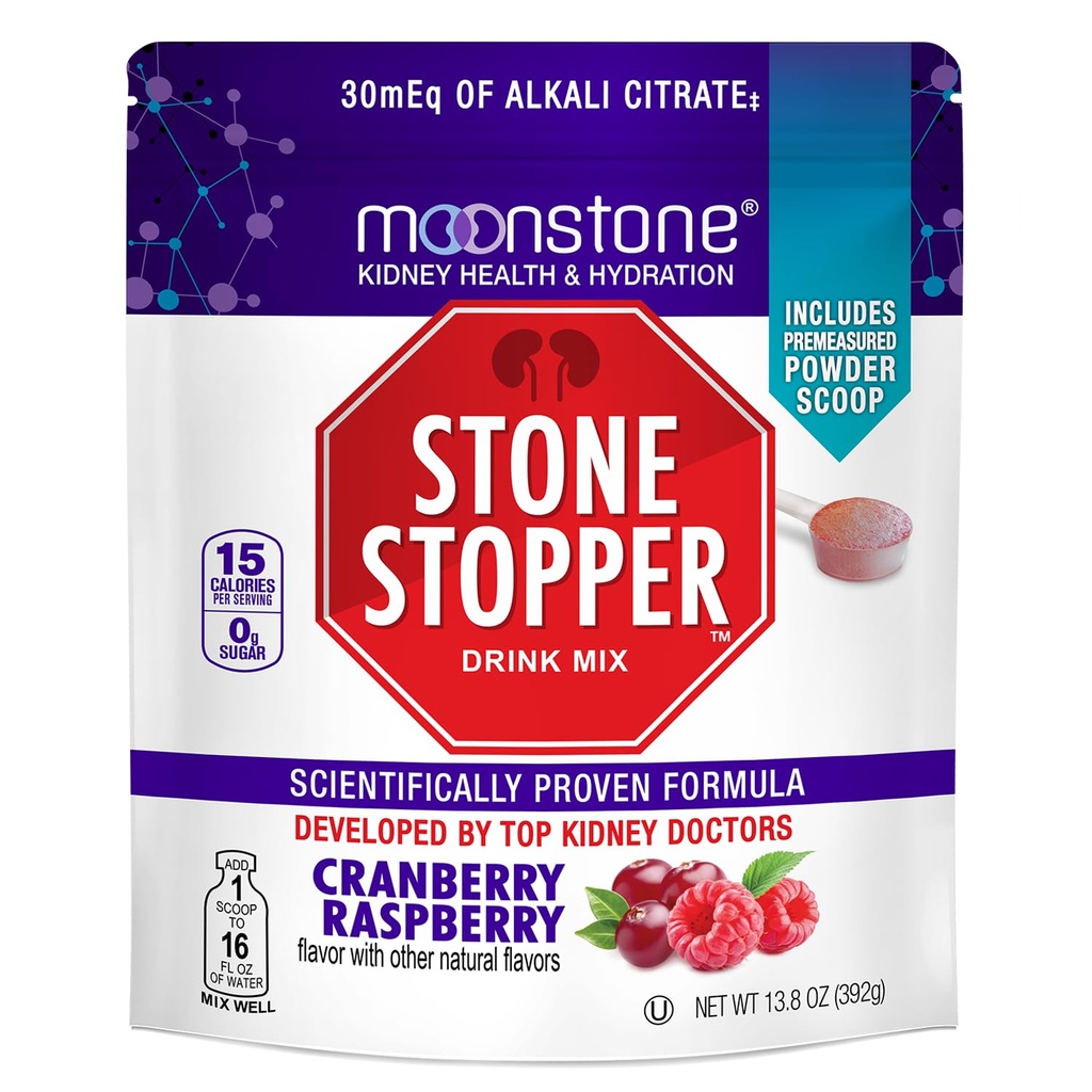 Moonstone Stone Stopper Drink Mix, Cranberry Raspberry, Kidney Stone Prevention, Calcium Oxalate Protector, Developed by Urologists to Improve Hydration and Support Kidney Health, 30 Day Supply