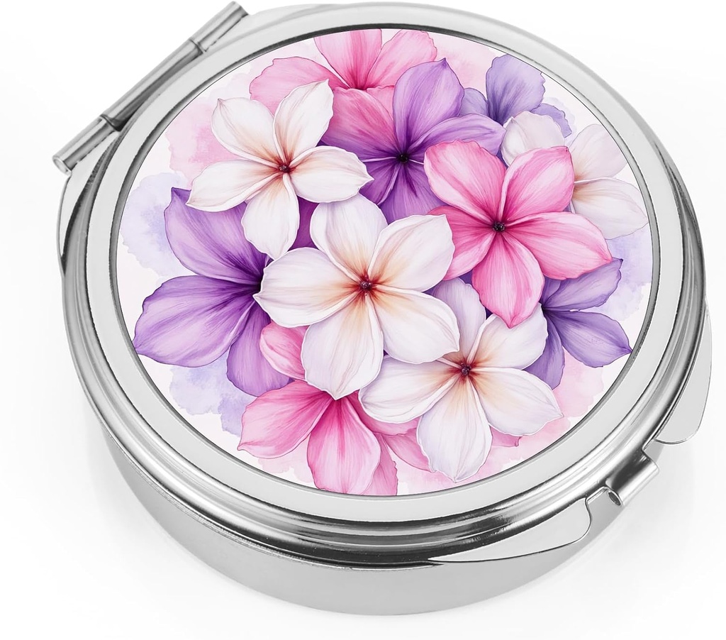 Caja de pill de Dynippy Pill Funda con boquilla de Espejo 3 Compartimiento Medicina Caso de la Pill de Vitamina Organizador para Pocket Purse y Viaje (Round, Silver-BloomBurst)