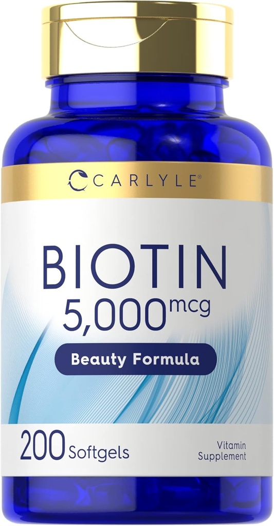 Carlyle Biotin 5000mcg Softgels ← 200 Conde  durable Vitaminas para la piel del cabello y uñas ← Non-GMO, Gluten suplemento gratis