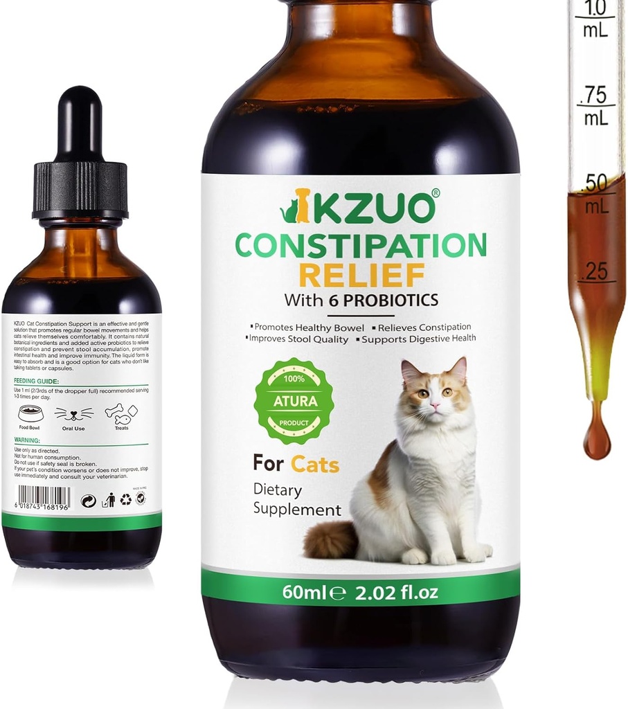 Alivio del estreñimiento de gato - gotas laxantes naturales con fibra de calabaza &amp; Probióticos, Vet-Formulado para soporte rápido de bolos, alivio de bolas de pelo, dosis fácil de líquido, sabor de pollo