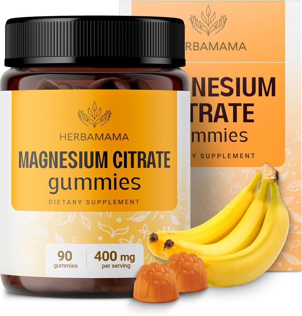 HerBAMAMA Calma Magnesium Gummies - 400mg Magnesium Citrate for Relaxation Support - Vegan, non-GMO Suplemento de calma para adultos - 90 Pectin-Based Banana-Flavored Chews