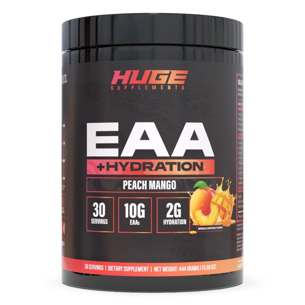 Huge EAA + Hydration, Essential Amino Acids Powder, EAAs & BCAAs, Intra & Post Workout Recovery Powder, Muscle Growth, Recovery & Performance, 10g EAAs & Electrolytes, Peach Mango, 30 Servings