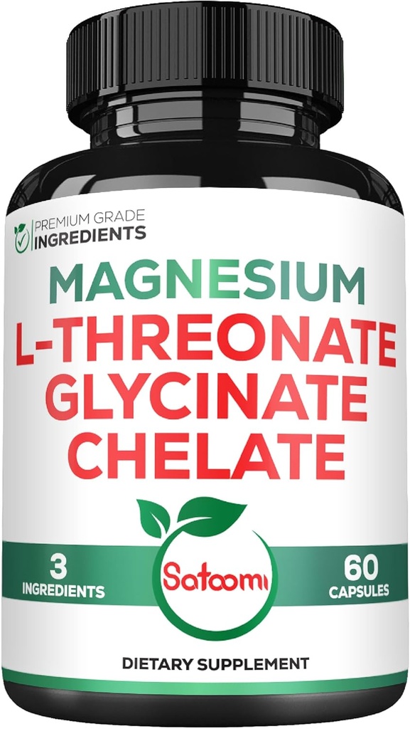 Satoomi 1200mg 3in1 Magnesium L-Threonate Suplemento con Glycinate & Chelate - 60 cápsulas Vegan