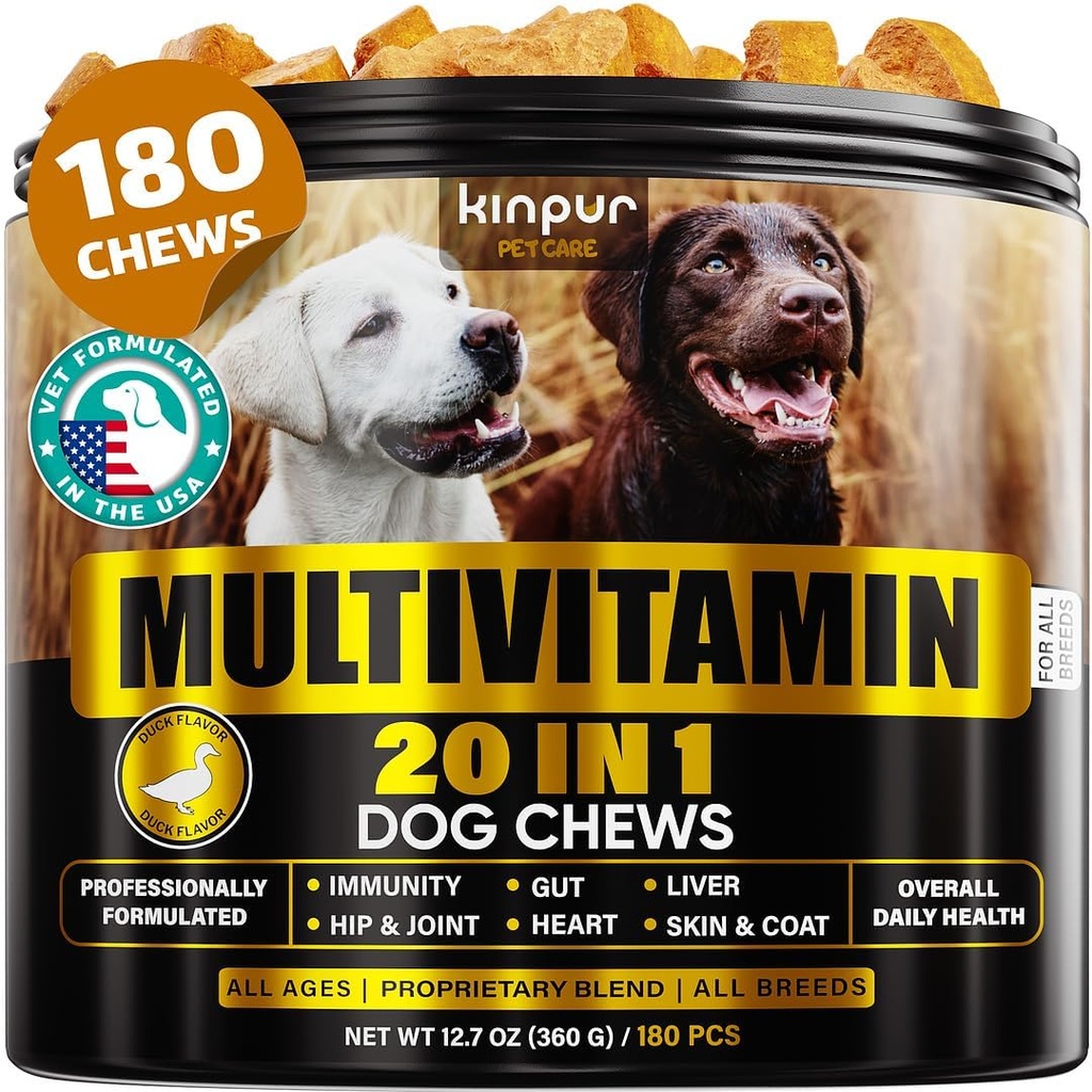 20-in-1 Suplementos multivitamínicos para perros - Inmunidad, Digestión, Junta y Corazón de Salud - Vitaminas para perros naturales con Biotina, Msm, Cranberry, Glucosamina para perros - 180 Chews