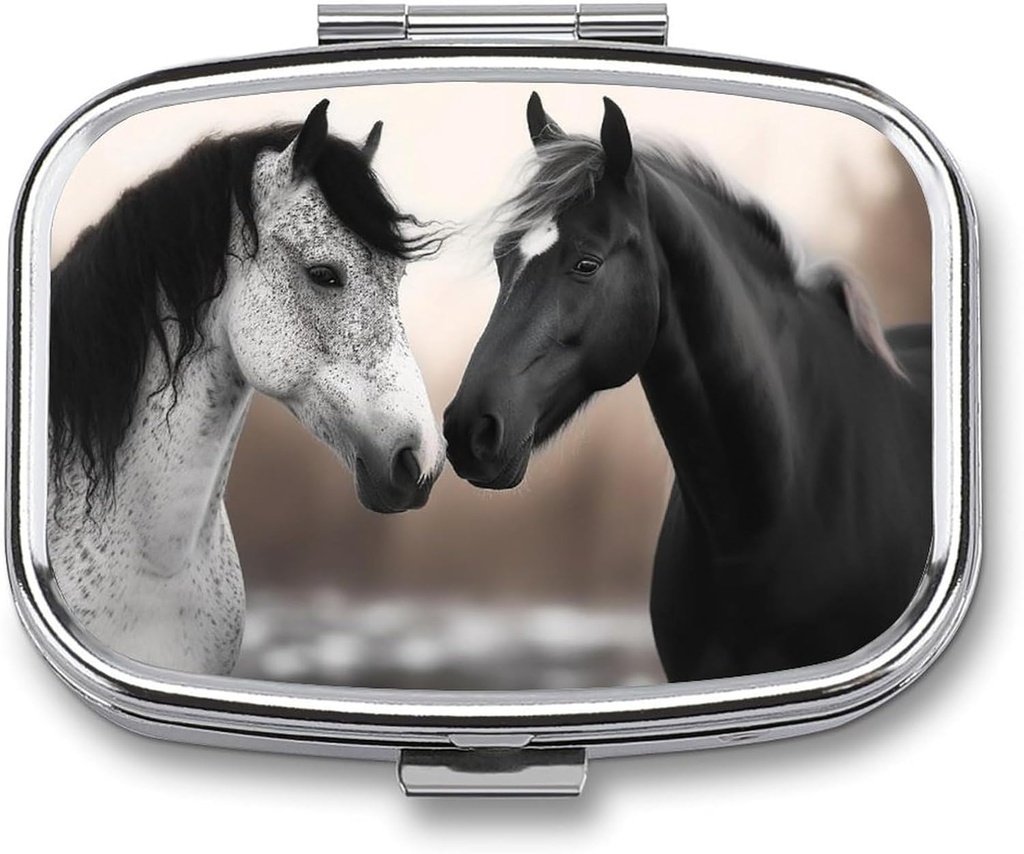 Caja de Píldora de Píldoras de Caballos Negros y Blancos, 2 Caja de Píldora Decorativa de Bolsillo para Bolsillo o Púrpura Mini Travel Medicine Tablet Vitamin Holder Organizer Pill Case