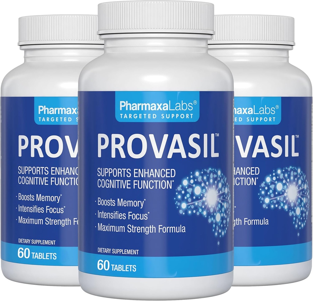 Provasil Brain Supplement for Memory, Focus, Mood & Concentration ¦ Ginko Leaf Flavonoids, Bacopa Monnieri &amp; Biotin ← Mejorar el rendimiento mental, la atención y la salud cognitiva (Pack of 3)