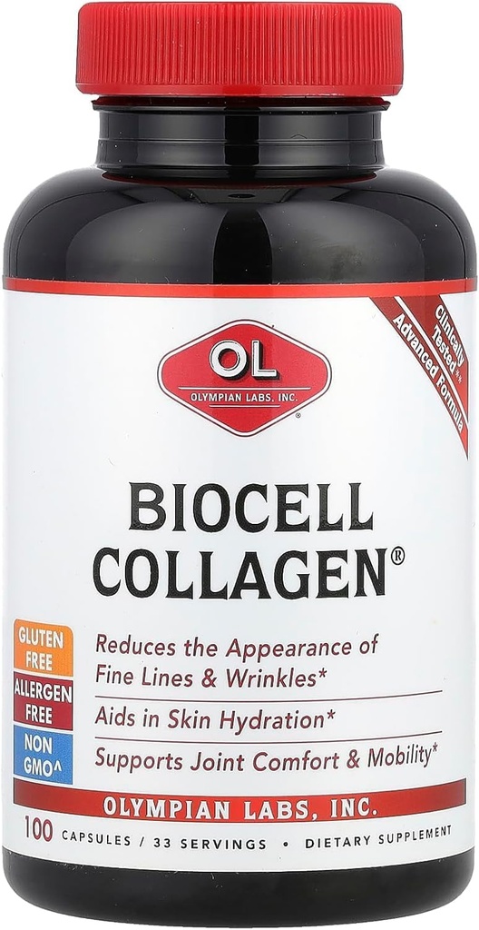 Olympian Labs Biocell Collagen II 1500mg Suplemento Capsules No GMO, Libre de gluten, Libre de alergano - Apoya las células productoras de la piel y el cartílago mixtos - 100 cápsulas (33 Day Supply)
