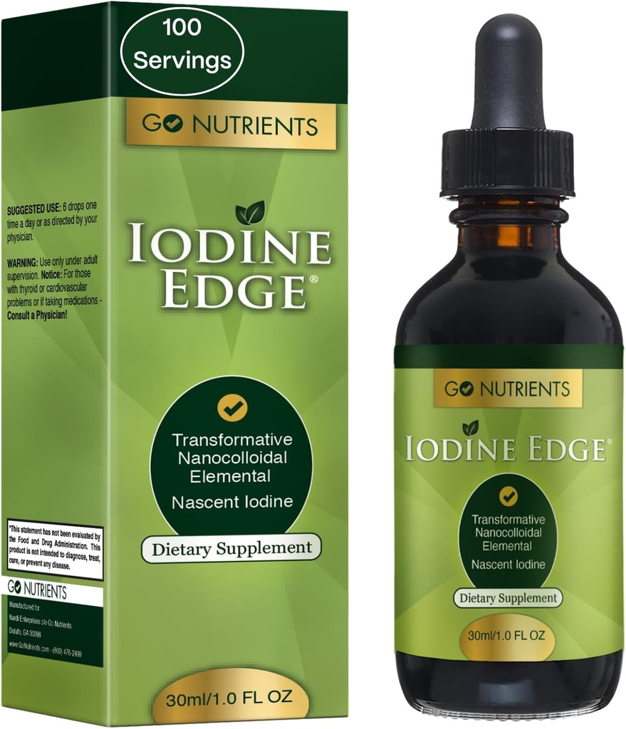Go Nutrients Iodine Edge – Organic Nascent Iodine Liquid Supplement for Thyroid Support, Energy, Immune & Cognitive Health – High Absorption Drops - Natural Tincture for Women & Hombre – 1 oz