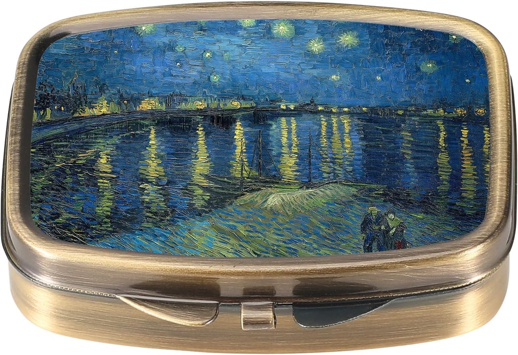 Caja de píldoras para perros Dynippy con boquilla de espejo Retro Pocket 2 Compartment Medicine Case Vitamin Pill Organizer for Pocket Purse and Travel (A-Starry Night Over The Rhone)