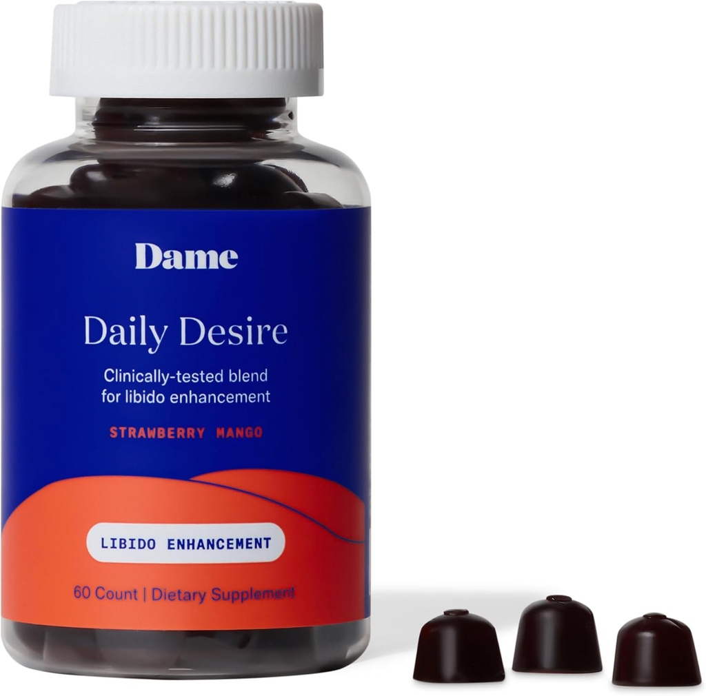 Dame Products Desire Gummies, Energy Boost, Mood Enhancer, Stress Relief, Relaxation, Women and Men, Strawberry Mango Flavor - 60 Count