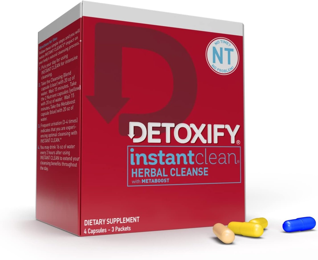 Detoxify – Instant Clean – 4 cápsulas – Profesionalmente Fórmulas Herbal Detox – Mejorado con Metaboost, Extracto de esteto de leche, Uva Ursi & Ginseng Extract - Plus Sticker
