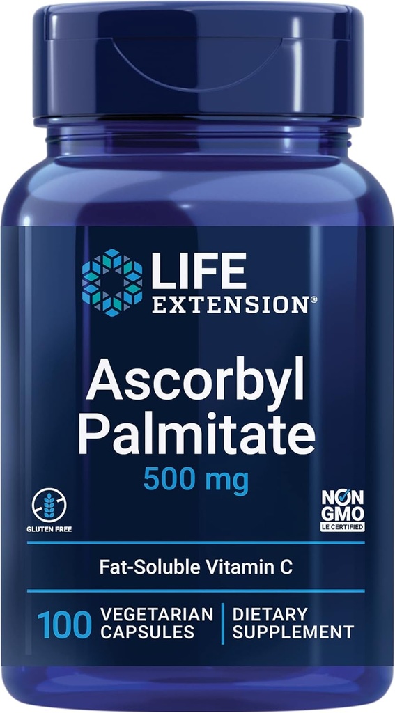 Extensión de la vida Ascorbyl Palmitate 500mg – Fat-Soluble Vitamin C Suplemento para el soporte y la longevidad inmunes – Water-Soluble Gluten-Free, Non-GMO, Vegetarian – 100 cápsulas