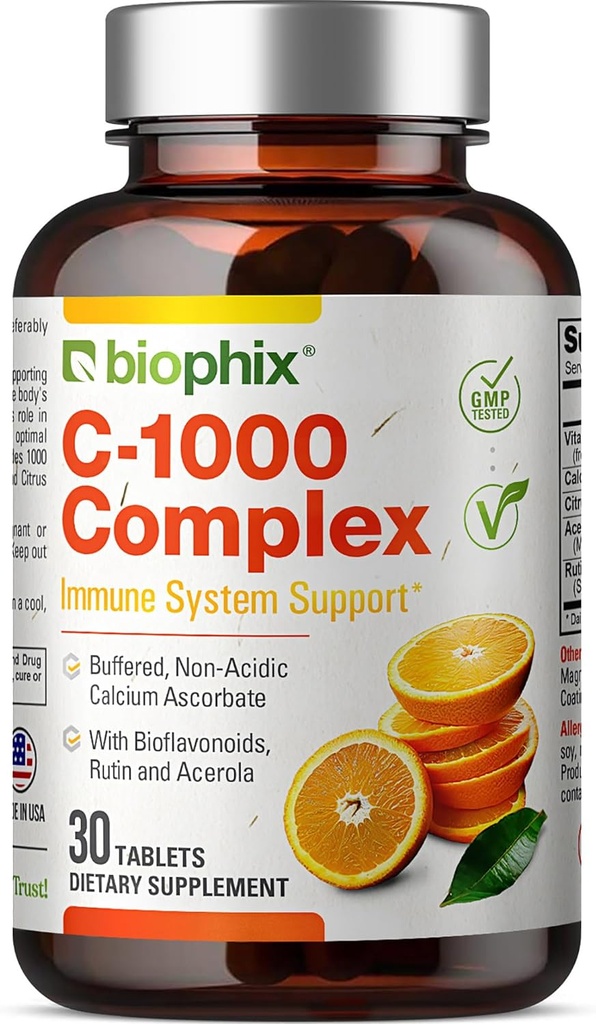 Complejo de vitamina C-1000 mg 30 Tabletas - Vegan con Citrus de Calcio Bioflavonoides Acerola Rutina - Apoyos Salud Inmunitaria