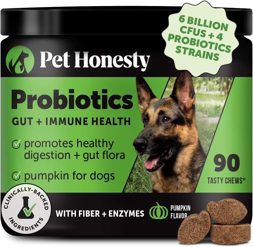 Probióticos de Honestidad Mascotas para Perros para Diarrea Ocasional & Bowel Support, Enzimas Digestivos con Prebióticos para Salud Gut para Perros, Salud Inmunitaria & Itch Relief (Pumpkin 90 ct)