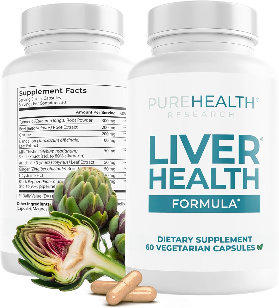 PUREHEALTH RESEARCH Liver Health – Liver Cleanse Detox Reparación con Artichoke Extract, Milk Thistle, Dandelion Root, Turmeric, Beet Root to Healthy Liver Renew with 11 Natural Nutrients, 60 Capsules