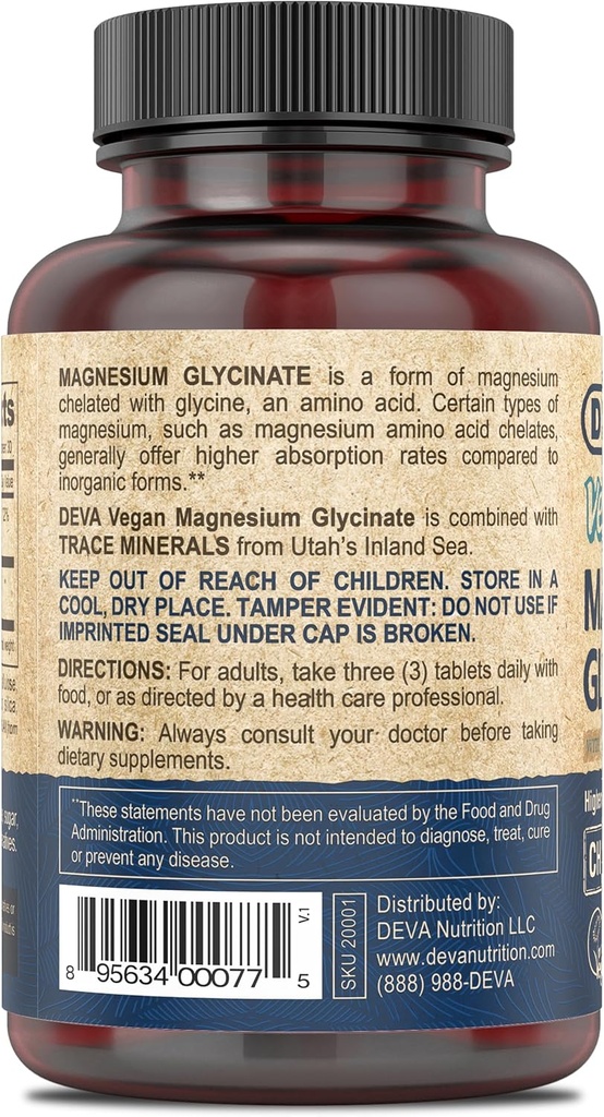 DEVA Magnesio Vegano Glycinate 300mg por porción con Minerales Trace, Absorción Superior, Magnesio Chelatado, 90 Tabletas (Pack of 2)