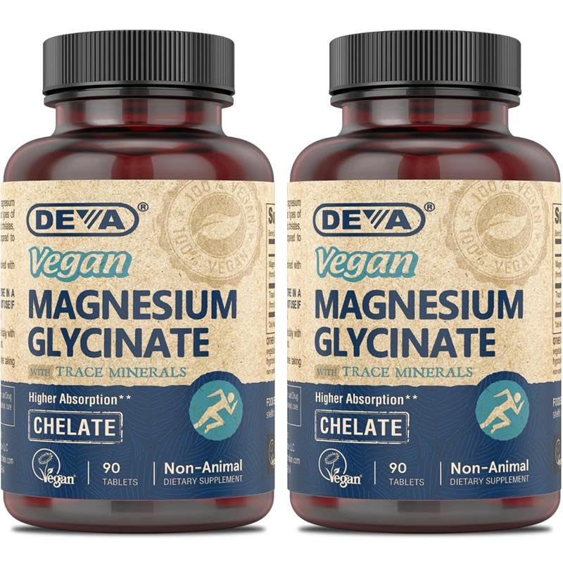 DEVA Magnesio Vegano Glycinate 300mg por porción con Minerales Trace, Absorción Superior, Magnesio Chelatado, 90 Tabletas (Pack of 2)