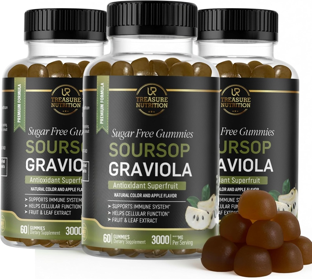 Soursop Leaves & Soursop Fruit Gummies - 3000mg Soursop Extract - 3 Pack Graviola Suplemento - Soursop Fruit and Leaf - 60ct - Sugar-Free - Gluten Free – Non-GMO – Vegan Friendly
