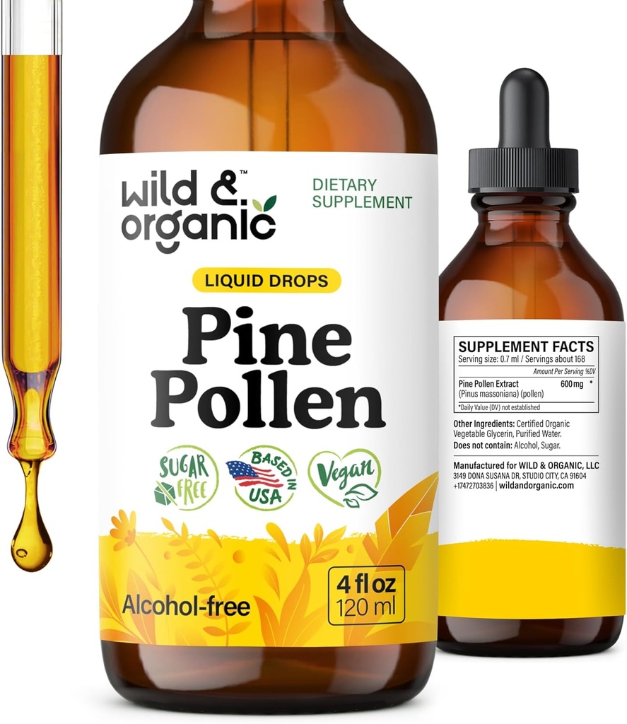 Contaminación de pinos silvestres y orgánicos Tintura - Pine Pollen Powder Liquid Drops for Men &amp; Women - Vegan, Azúcar &amp; Alcohol-Free Suplemento - 4 fl oz