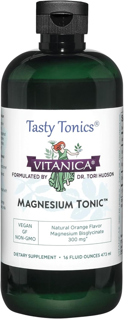 Vitanica Magnesium Tonic, Líquido Magnesium Bisglycinate Chelate 300 mg con Vitamina B6, Dr. Suplemento Formulado, Orange Flavor, Vegan, Gluten Libre y No GMO,16 fl oz