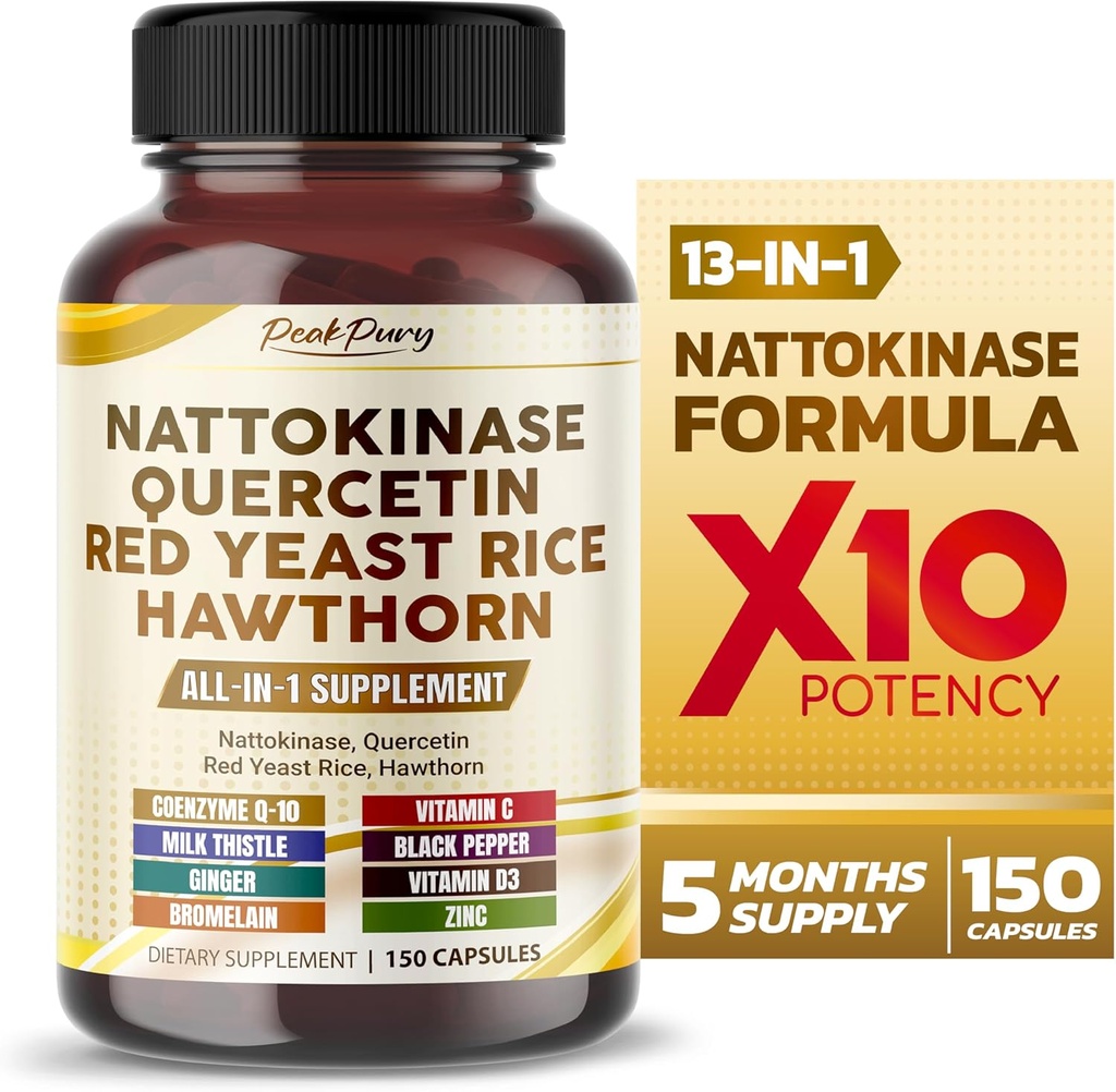 Nattokinase 5000FU Quercetin Red Yeast Rice Hawthorn - Total Wellness Support - Made in USA