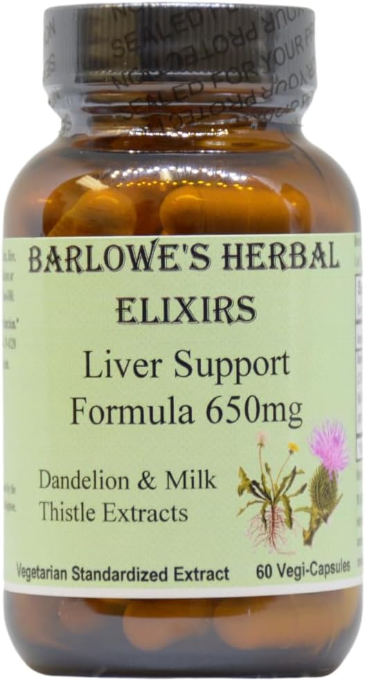Barlowe's Herbal Elixirs Liver Support Fórmula ← Dandelion Root &amp; Milk Thistle Extract  650mg Per Capsule ANTE 60 Vegan Capsules ← Stearate-Free, Glass Bottled