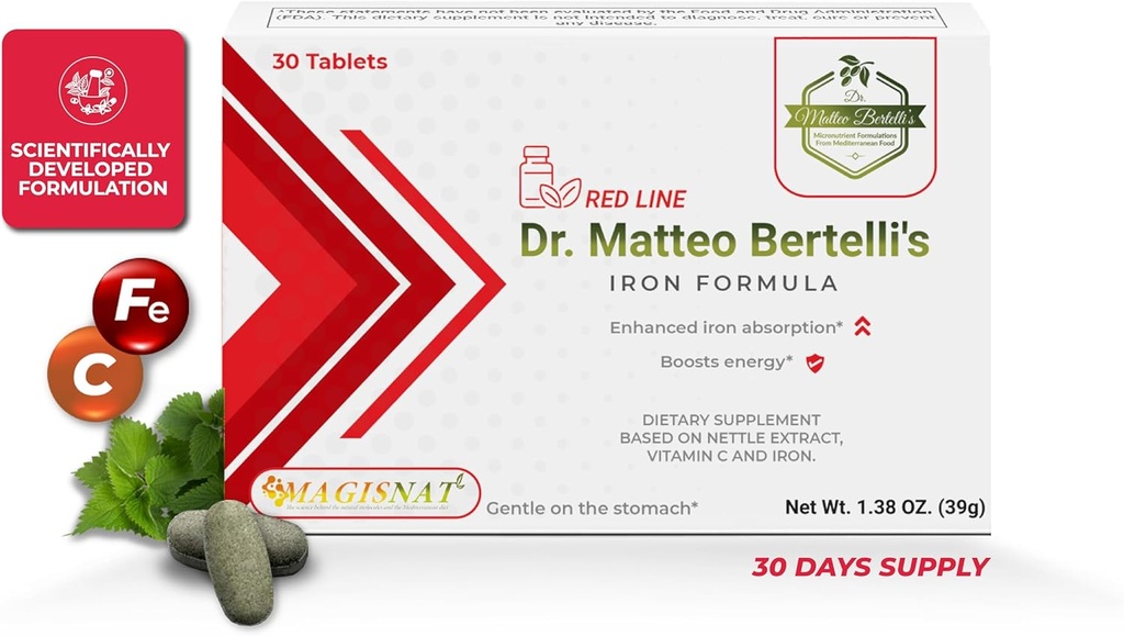 Fórmula de Hierro del Dr. Matteo Bertelli (30 Tabletas) - Extracto de Nettle, Vitamina C, Hierro