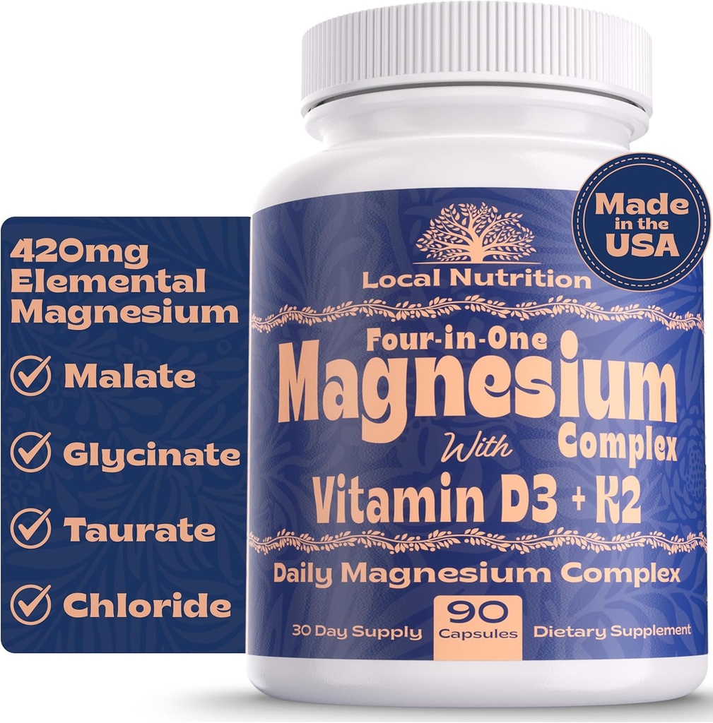 4-in-1 Magnesium Complex 420mg with Vitamin D3 K2 - Premium Magnesium Supplement with Magnesium Malate, Bisglycinate (Glycinate), Taurate, and Chloride - 90 Capsules Made in The USA