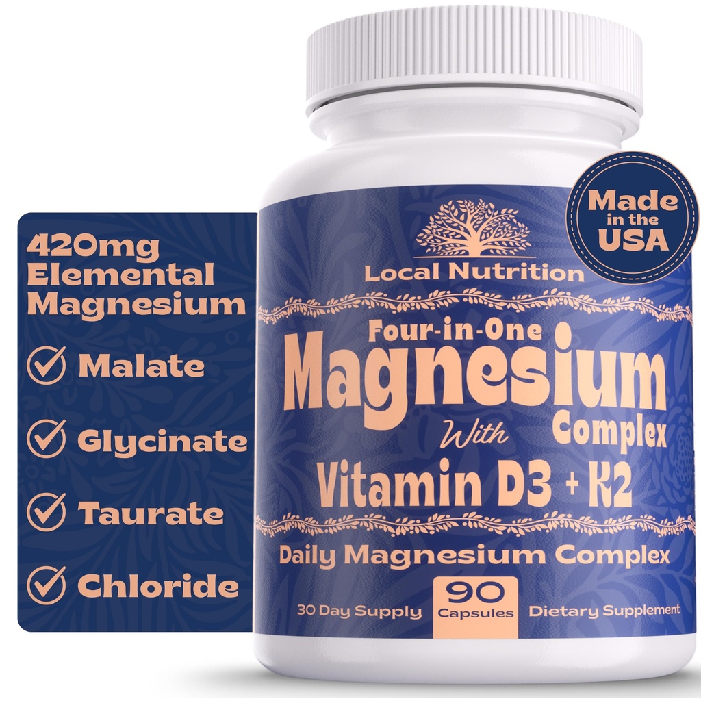 Complejo de magnesio 4-en-1 420 mg con vitamina D3 K2 - Suplemento de magnesio Premium con malte de magnesio, bisglycinate (Glycinate), Taurate y Chloride - 90 cápsulas hechos en los EE.UU.