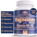 Complejo de magnesio 4-en-1 420 mg con vitamina D3 K2 - Suplemento de magnesio Premium con malte de magnesio, bisglycinate (Glycinate), Taurate y Chloride - 90 cápsulas hechos en los EE.UU.