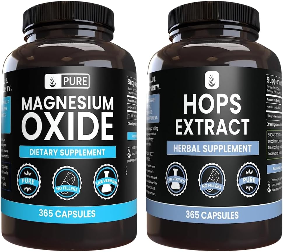 Ingredientes originales puros Oxido de Magnesio y Hops Extract Bundle, 365 Capsules Cada, No Fillers, Siempre Puro