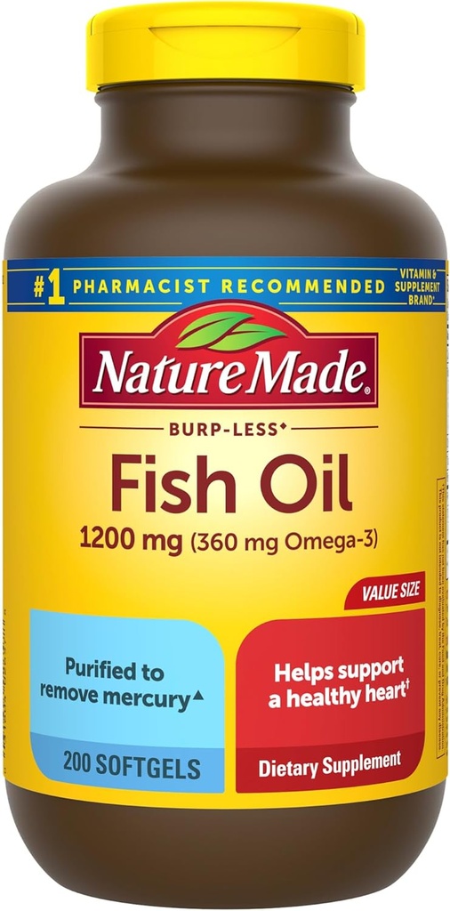 Nature Made Burp Less Fish Oil Omega 3 Suplementos, 1200 mg Softgels, Omega 3 Fish Oil for Healthy Heart Support, 200 Softgels, 100 Day Supply