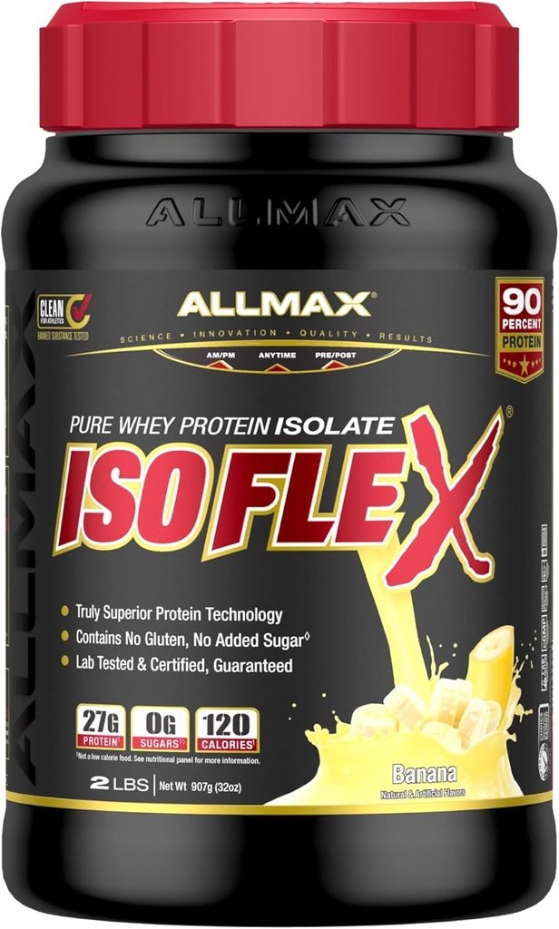 ALLMAX Nutrition ISOFLEX Whey Protein Isolate, Banana - 2 lb - 27 Gramos de Protein Por Scoop - Zero Fat & Sugar - 99% Lactose Free - Gluten Free &amp; Soy Free - Aproximadamente 30 Actuaciones