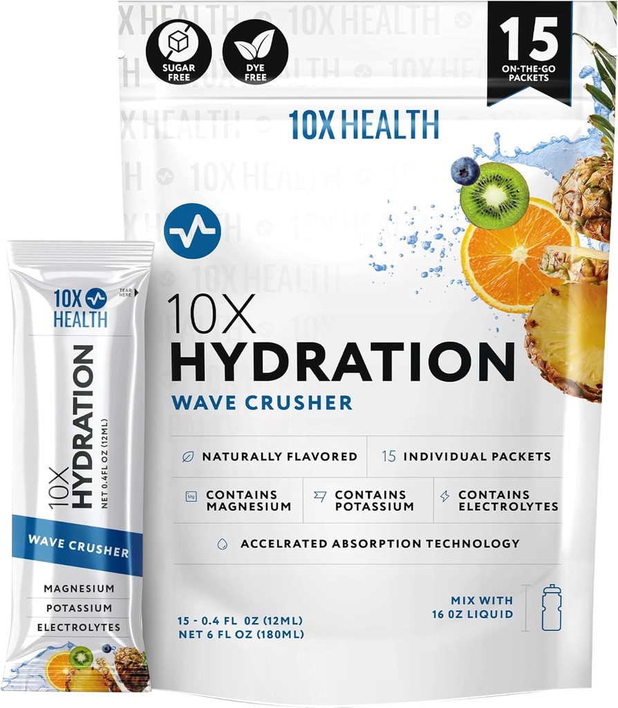 10X Hydration Packets Wave Crusher Electrolyte Drink Mix Liquid 15 Stickpacks with Magnesium Citrate, Sodium & Potassium - Natural Flavored Electrolyte