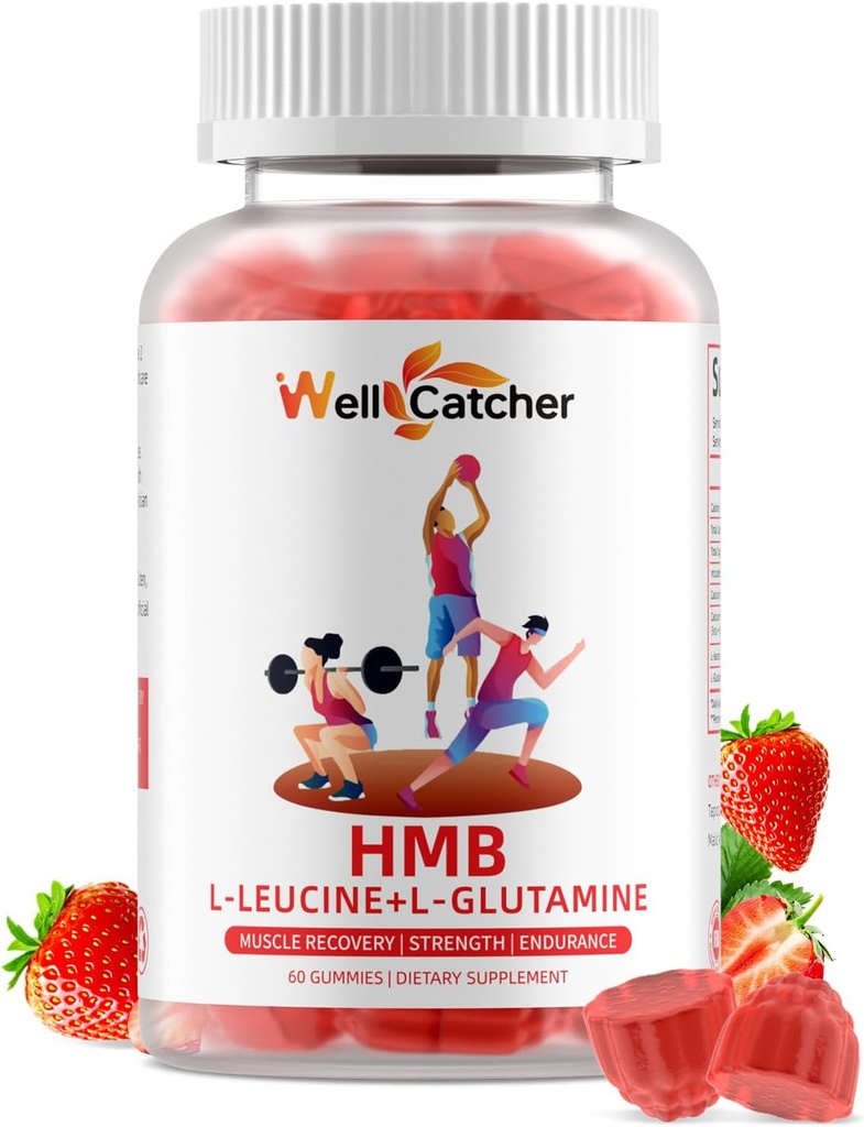 HMB y Leucine Amino Amino Acid Gummies: HMB Suplementos para hombres Mujeres con L-Glutamina para el crecimiento muscular Recuperación rápida de entrenamiento, azúcar libre Vegan No GMO Strawberry Flavored 30 Day Supply