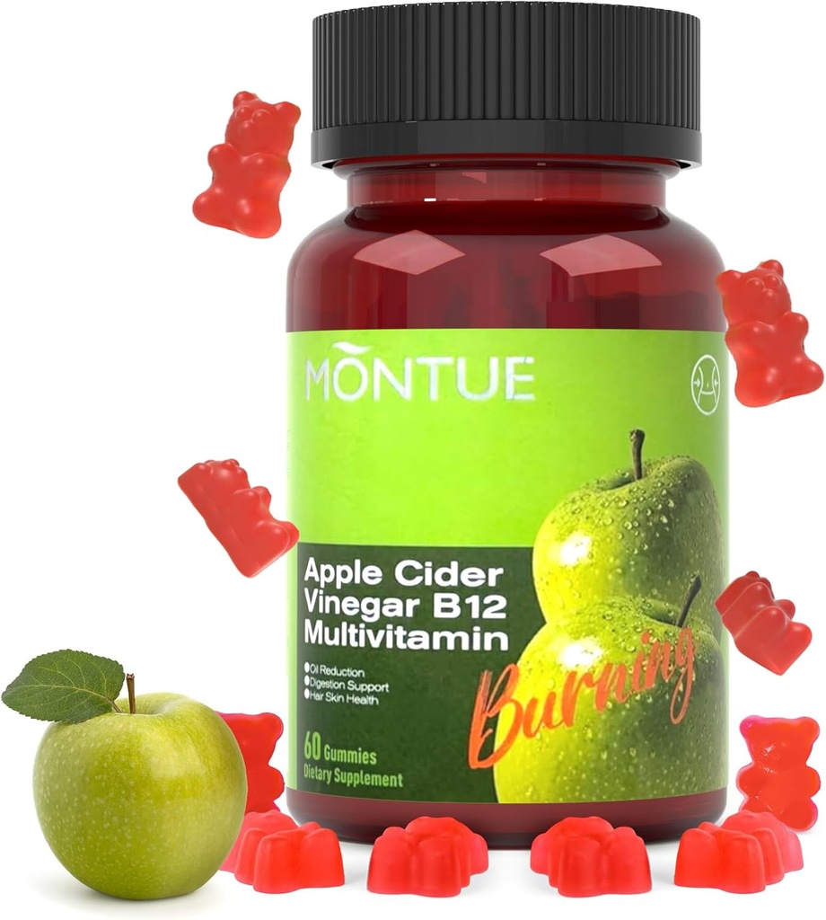 Manzana Vinagre Gummies B12 Multivitamínico,ACV Suplemento Gummy Vitaminas, Suplemento Vegetariano para Mujeres &amp; Hombres,No GMO,Apoyo Niveles de Energía Normal &amp; Gut Health 60 Gummies (60)