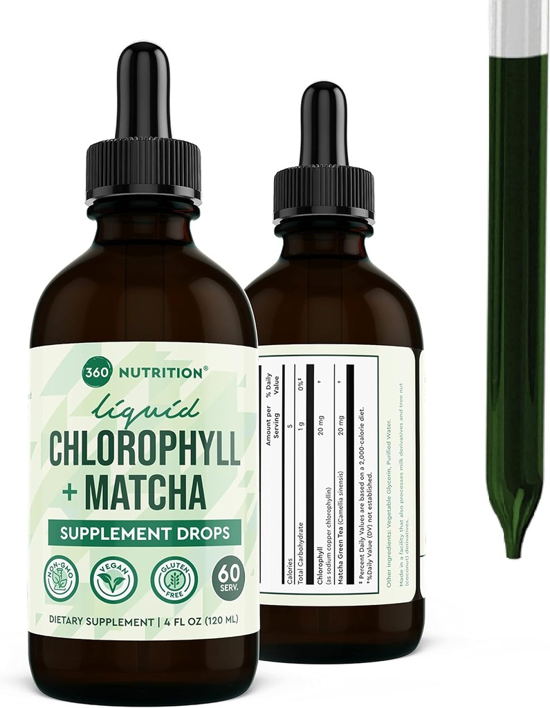 360 Nutrición Matcha Chlorophyll Liquid Drops with L-Theanine, Gluten Free & Vegan Internal Deodorant Supplement, Supports Gut Health, Digestion, Energy, Radiant Skin, Fast Absorption, 60 Servings