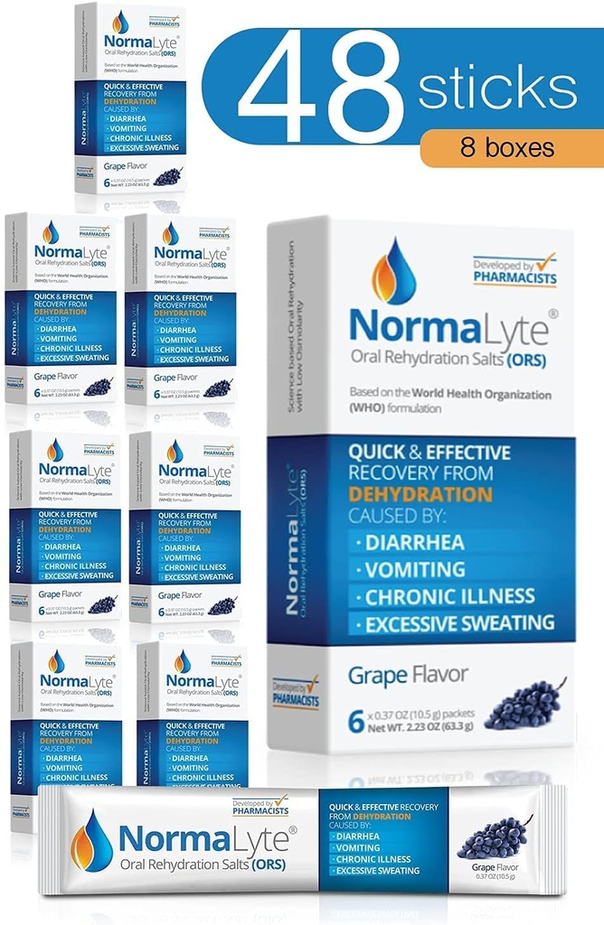 NormaLyte Oral Rehydration Salts-48 Sticks Packs (Yields 500mL por Pack)-Grapes eterna Energy Supplements, Potassium Supplement, Dehydration Recovery y Quick Absorption