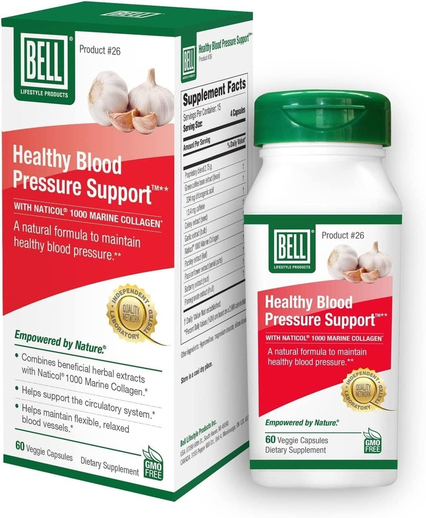 Bell Healthy Blood Pressure SupportTM Unique Blend - Natural Blend of Green Coffee Bean Extract, Ajo &amp; Celery Seed Extract Suplementos- 60 cápsulas, Vegan, No GMO